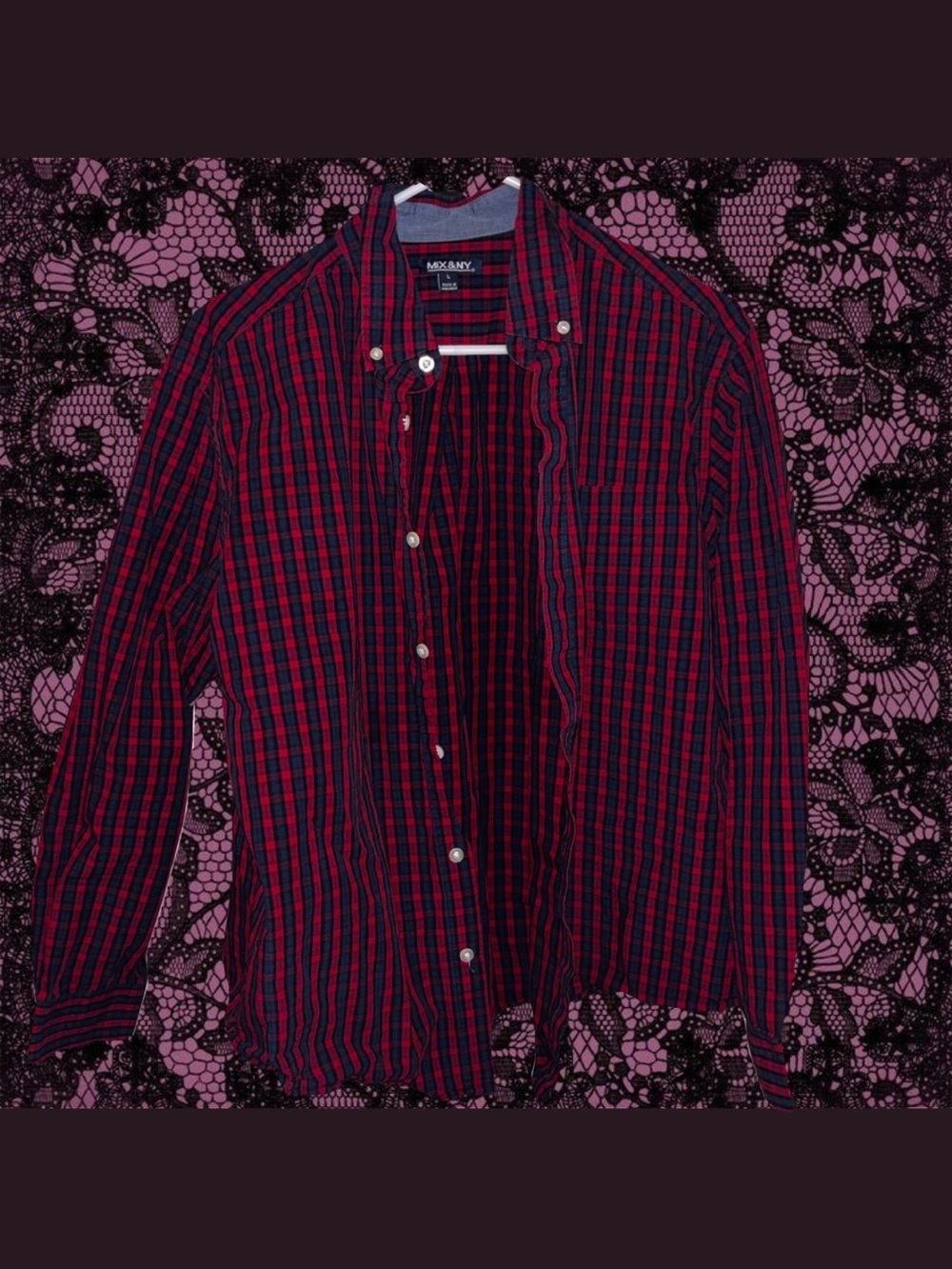 Red and Navy Plaid Button-Down Shirt